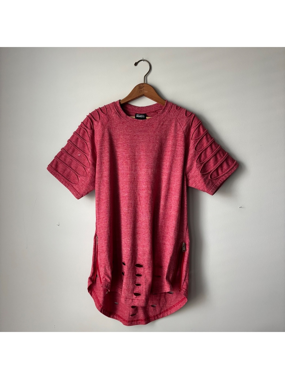 Rebel Minds Red Heather Distressed Longline Tee Men's M Side Zip Streetwear